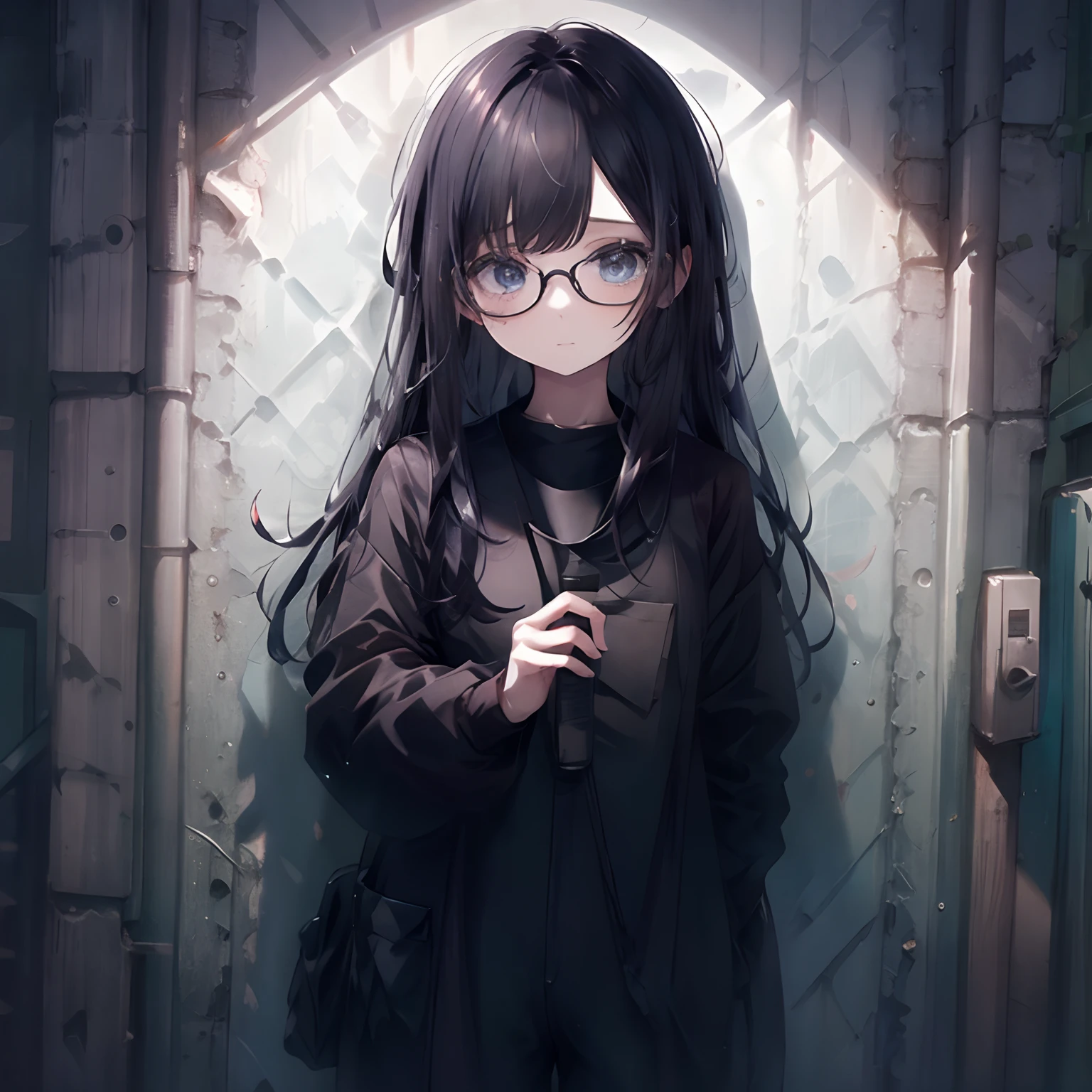 1girl, long black hair, blue eyes, wearing prison jumpsuit, prison, absurdres, high res, ultrasharp, 8K, masterpiece, looking at viewer,wearing glasses,