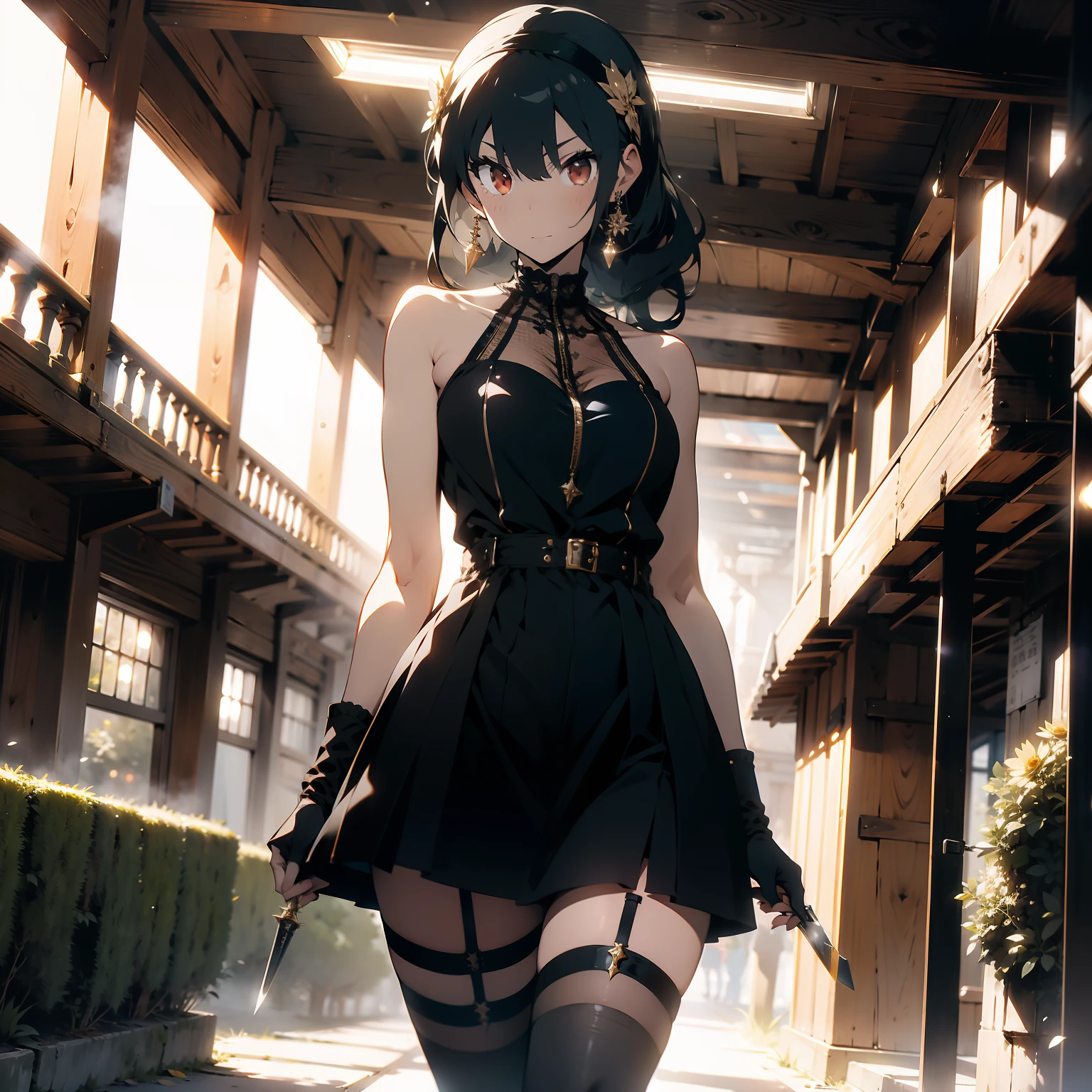 masterpiece, royal background, front light, yor, 1girl, solo, long hair, looking at viewer, large breasts, blushing, cleveage, (black hair), sneer, gold hair ornament, red eyes, thighhighs, gloves, dress, holding, bare shoulders, jewelry, standing, indoors, couch, weapon, flower, sidelocks, hairband, dress, earrings, boots, black gloves, black thighhighs, hair flower, fingerless gloves, holding weapon, black dress, zettai ryouiki, thigh boots, knife, dual wielding, holding knife, dagger, lamppost, two-sided fabric, holding dagger, gold hairband, two-sided dress,