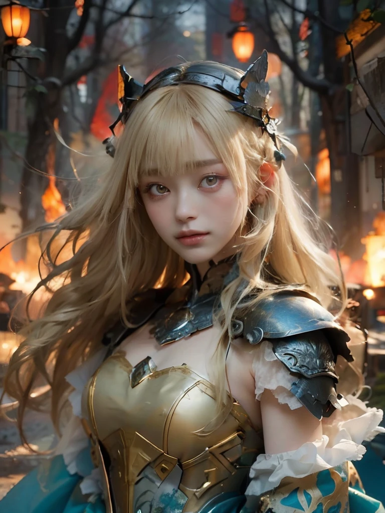 (best quality,8k,photorealistic:1.2), Japanese teenage girl in a fire forest at night, mysterious lighting, armored dress, (detailed skin), (blonde long hair:1.3, short bangs), capturing the essence of a Japanese teenage girl in the night forest mist, adorned in a armored dress, with blonde long flowing hair and short bangs, The detailed skin is meticulously depicted in high resolution, exuding a photorealistic quality, The scene is shrouded in a mysterious atmosphere, with flames enveloping the surroundings, creating an enigmatic ambiance under the captivating lighting