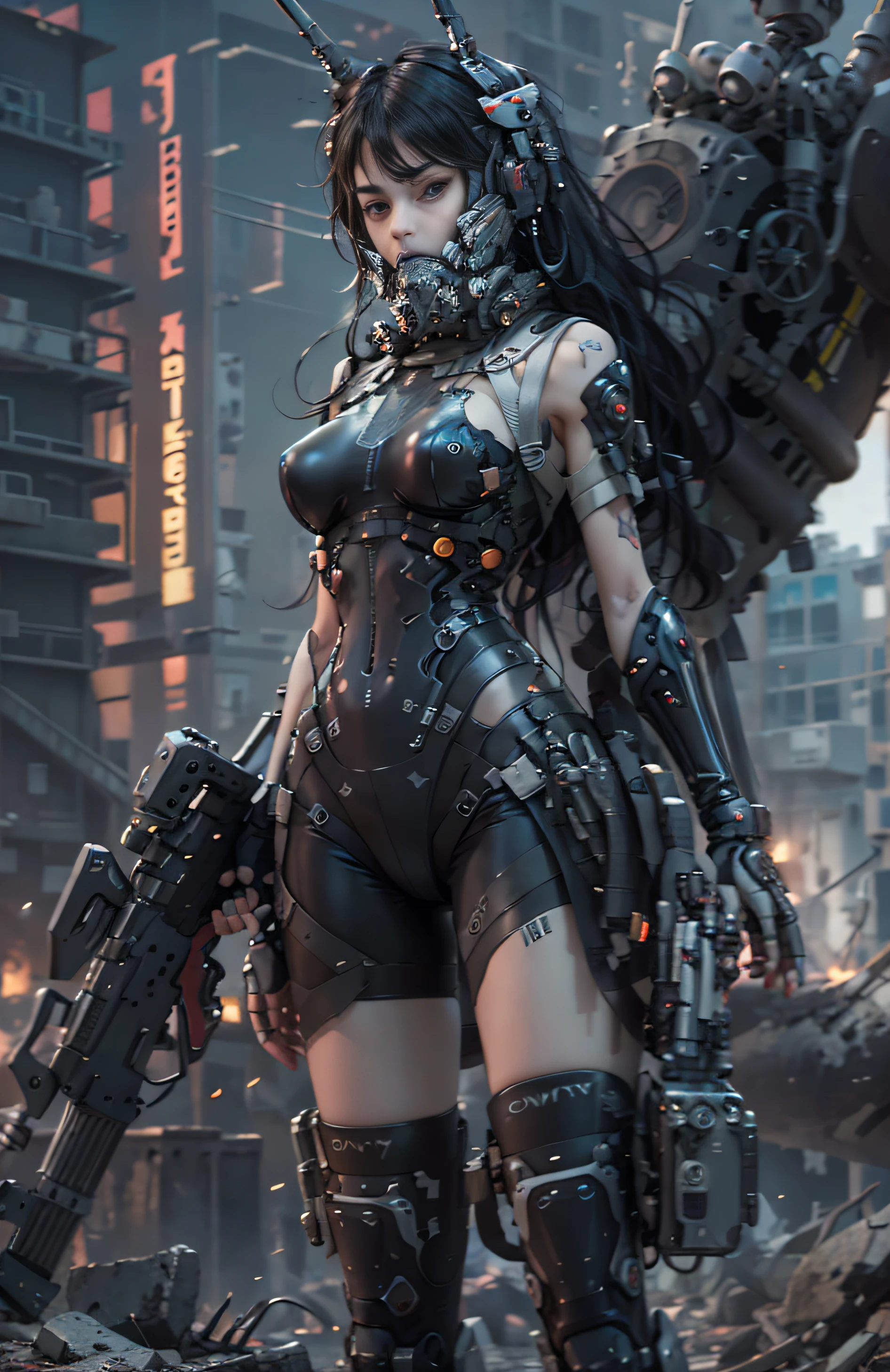 Dies ist ein Hyperdetail、Ultrahohe Gesichtsdetails，Hochauflösendes und hochwertiges CG Unity 8k-Hintergrundbild，fotorealistisch, Hohe Auflösung,  Allein, Hüften hoch,The style is cyberpunk，Hauptsächlich schwarz und rot。in dem Bild, Ein großes schönes Mädchen erscheint，langes schwarzes Haar，s zartes Gesicht，Einen Dampfroboter tragen，auf Ruinen stehen，Die Aktion einer Frau, die ein schweres Scharfschützengewehr in der Hand hält