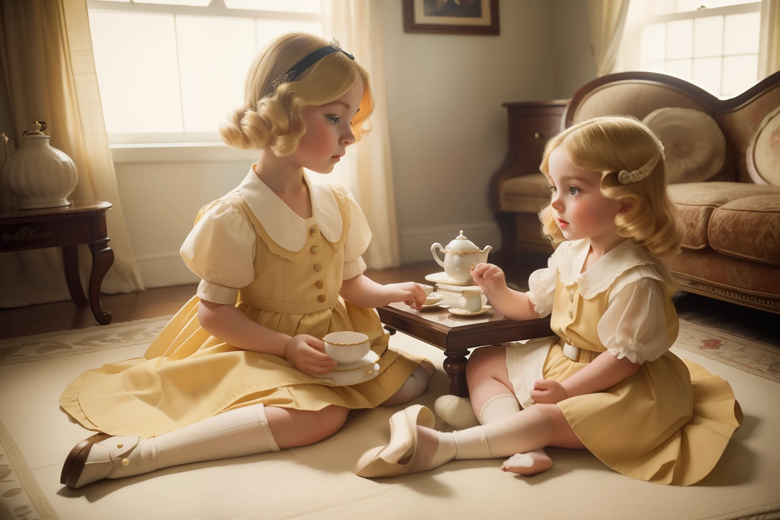 Jahr: 1939. Standort: Memphis, Tennessee. Präraffaelitische 13-jähriges blondes Mädchen, spielt mit ihrer kleinen Schwester mit einem Spielzeug-Teeservice in einem Spielzimmer des Herrenhauses, ((Tageslicht)), ((1930er Rich Klamotten)) ((Frisur der 1930er Jahre)) ((Im Style von "OMITB")) ((filmischer Stil))