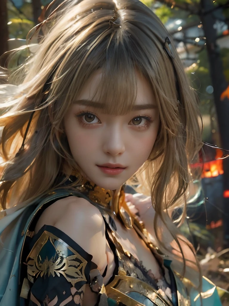 (best quality,8k,photorealistic:1.2), Japanese teenage girl in a fire forest at night, mysterious lighting, armored dress, (detailed skin), (blonde long hair:1.3, short bangs), capturing the essence of a Japanese teenage girl in the night forest mist, adorned in a armored dress, with blonde long flowing hair and short bangs, The detailed skin is meticulously depicted in high resolution, exuding a photorealistic quality, The scene is shrouded in a mysterious atmosphere with flames enveloping the surroundings, creating an enigmatic ambiance under the captivating lighting