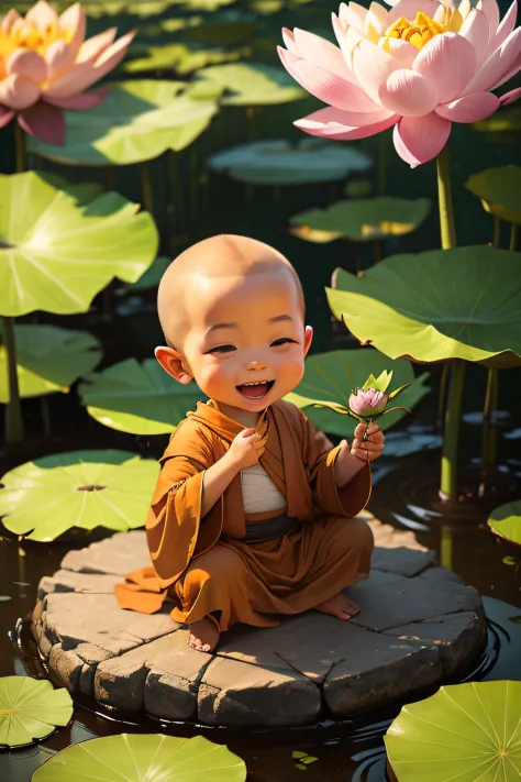 A little monk is happily looking at a blooming lotus flower，1080P，having fun，rejoice
