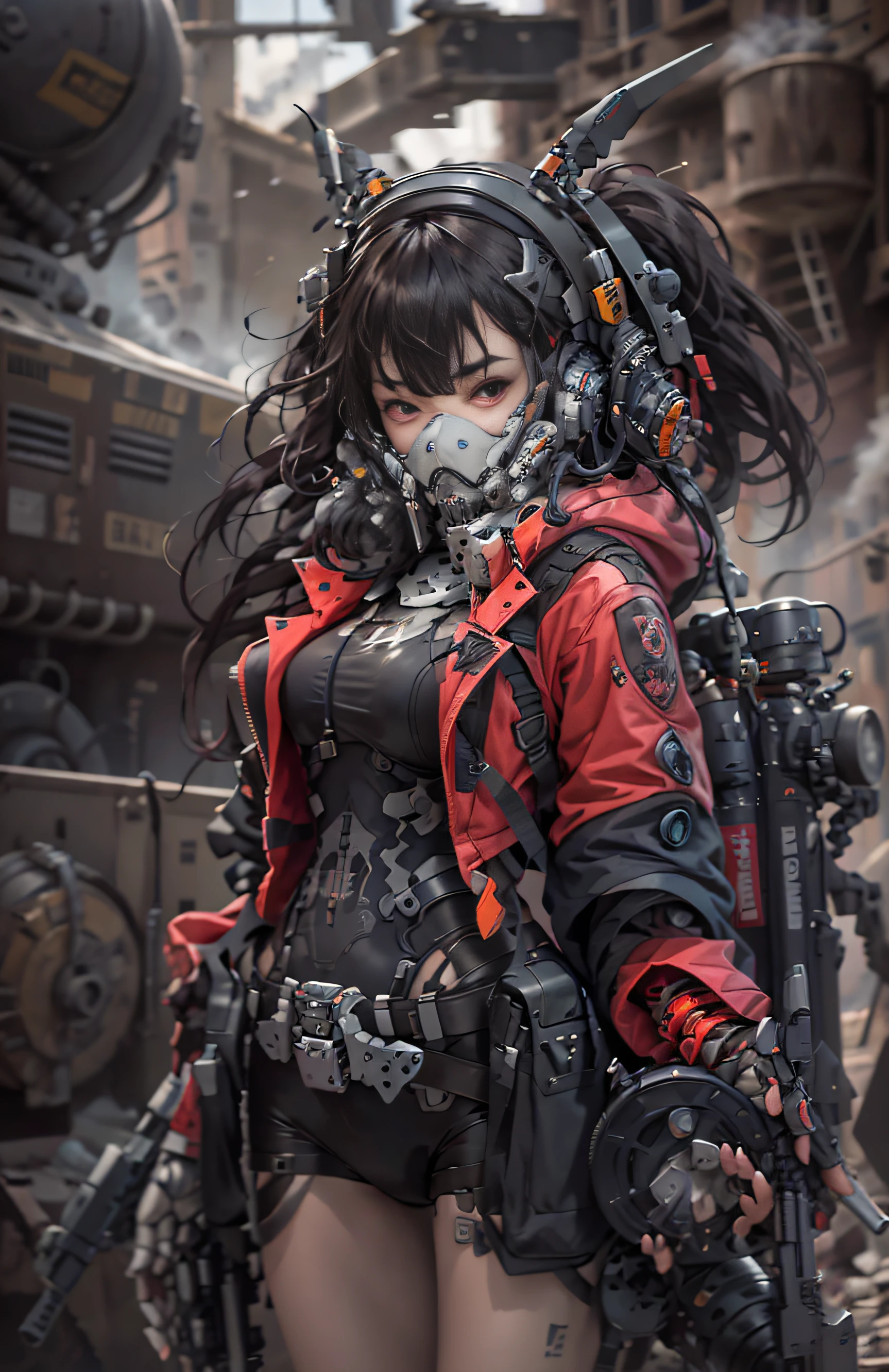 This is a hyper-detail、Ultra-high facial detail，High resolution and top quality CG Unity 8k wallpaper，Photorealistic, high resolution, Solo, Hips up,The style is cyberpunk，Mainly black and red。In the picture, A tall beautiful girl appears，pelo rojo corto，s delicate face，Wearing a steam mech，standing on ruins，The action of a woman holding a heavy sniper rifle in her hand