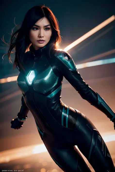 Gemma Chan as a cyberpunk star ship captain, glowing lights, full body, (dynamic pose), (hyper realistic:1.4), (realistic:1.3), ...