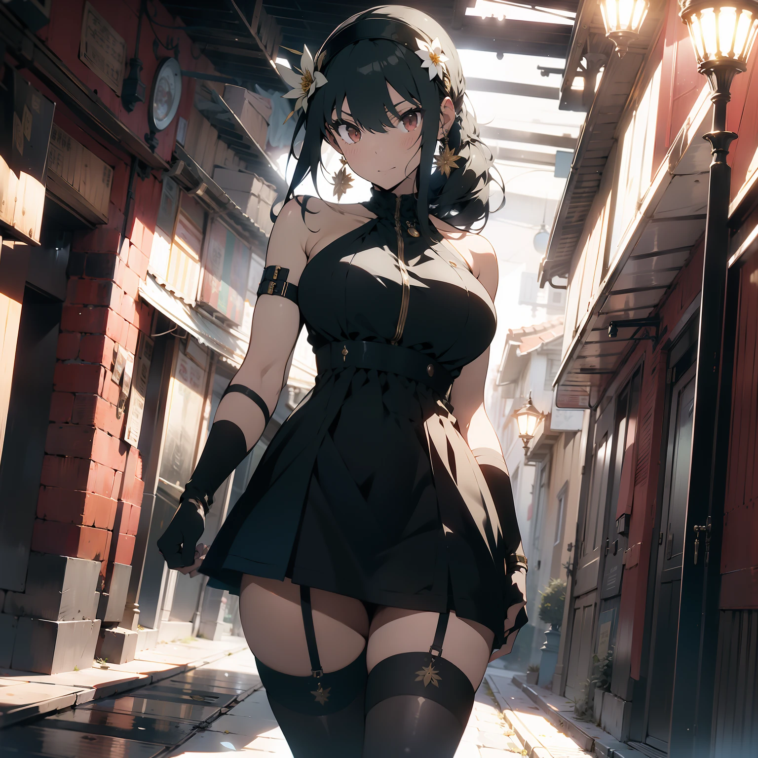 masterpiece, royal background, front light, yor, 1girl, solo, 23 years old, long hair, looking at viewer, large breasts, blushing, cleveage, (black hair), sneer, gold hair ornament, red eyes, thighhighs, gloves, dress, holding, bare shoulders, jewelry, standing, indoors, couch, weapon, flower, sidelocks, hairband, dress, earrings, boots, black gloves, black thighhighs, hair flower, fingerless gloves, holding weapon, black dress, zettai ryouiki, thigh boots, knife, dual wielding, holding knife, dagger, lamppost, two-sided fabric, holding dagger, gold hairband, two-sided dress,