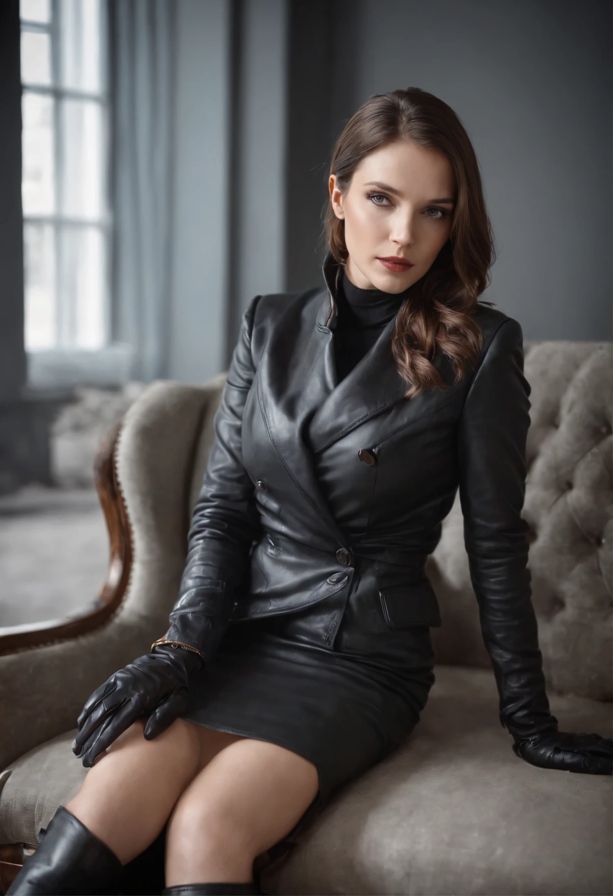 Black leather gloves with five fingers in both hands, black leather tight skirt, black leather blazer, black leather long boots, sit with legs aligned in a luxurious leather chair, both hands of leather gloves are aligned on the knees, hair tied behind her, a mysterious woman with a silhouette from the neck up