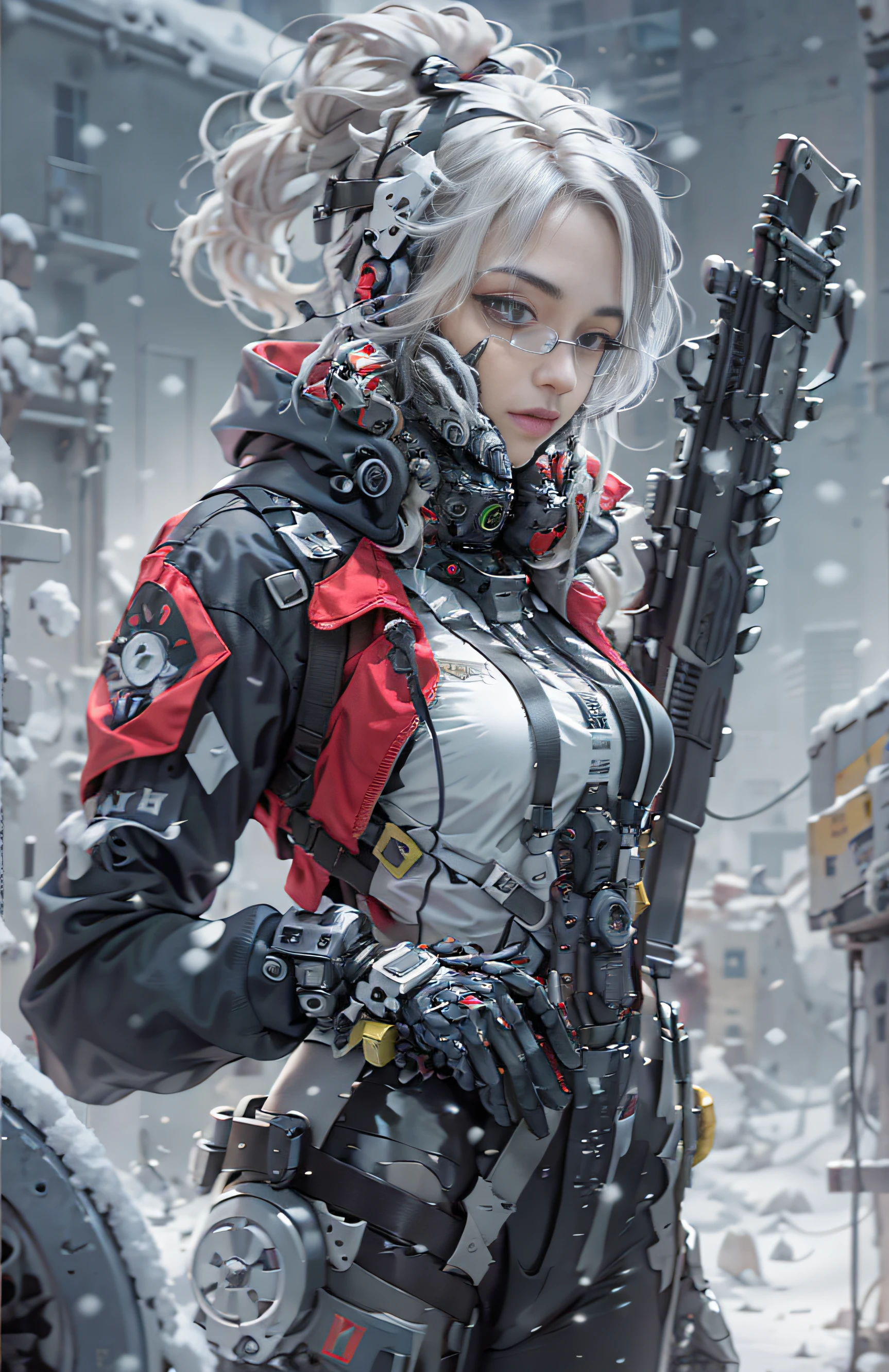 This is a hyper-detail、Ultra-high facial detail，High resolution and top quality CG Unity 8k wallpaper，Photorealistic, Solo, Hips up,The style is cyberpunk，Mainly black and red。In the picture, A tall beautiful girl appears，Snow background，long  white hair，s delicate face，Wearing a steam mech，standing on ruins，The action of a woman holding a heavy sniper rifle in her hand