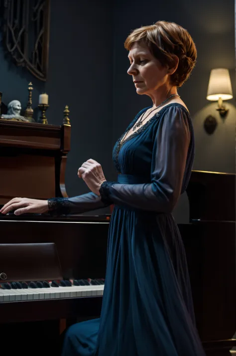 Yolande's Eerie Melody
Amidst a backdrop of contrasting colors #C63D2F and #FFBB5C, Yolande, in a dress that seems to be selling tales of horror, plays an old piano. Each note releases a creature with a #053B50 glow effect, dancing to her eerie tune. The r...