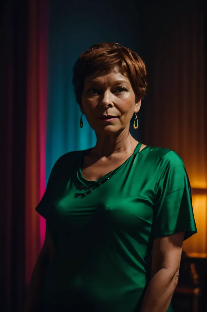 Prompt 1:
In a dimly lit room, Yolande, a woman of 60 years, stands confidently. Her t-shirt, a shade of emerald green, seems to glow with a neon halo effect. The ambiance is charged with sensuality, and the glow adds an ethereal touch to the scene. The at...