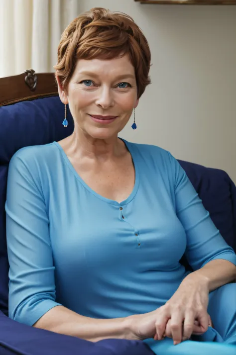 Prompt 2:
Yolande, now in her 60s, reclines gracefully on a chaise lounge. The sapphire blue of her t-shirt contrasts beautifully with the room's muted tones. A soft luminescent glow surrounds her, adding a touch of mystery and allure to the scene. The lig...