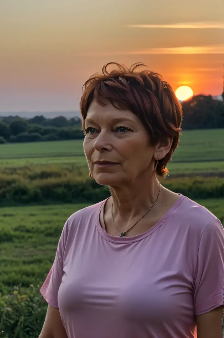 Prompt 3:
With a backdrop of a setting sun, Yolande, aged 60, gazes into the distance. Her t-shirt, a deep ruby red, catches the last light of the day. A radiant glow effect seems to emanate from her, making her the focal point of this evocative scene. The...