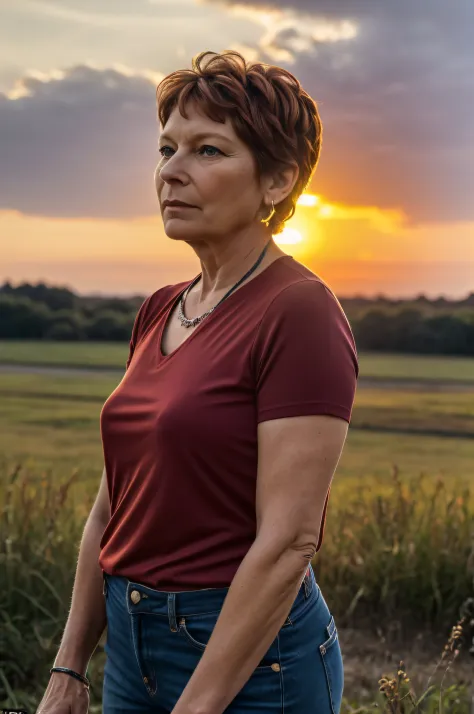 Prompt 3:
With a backdrop of a setting sun, Yolande, aged 60, gazes into the distance. Her t-shirt, a deep ruby red, catches the last light of the day. A radiant glow effect seems to emanate from her, making her the focal point of this evocative scene. The...