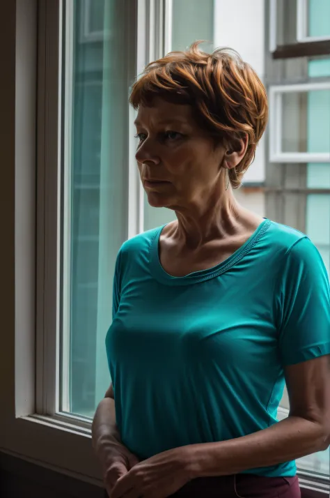 Prompt 5:
Yolande, at the age of 60, stands by a window, lost in thought. The turquoise hue of her t-shirt complements the outside world, and a phosphorescent glow effect adds depth to the scene. It's a moment of reflection, with Yolande's contemplative mo...