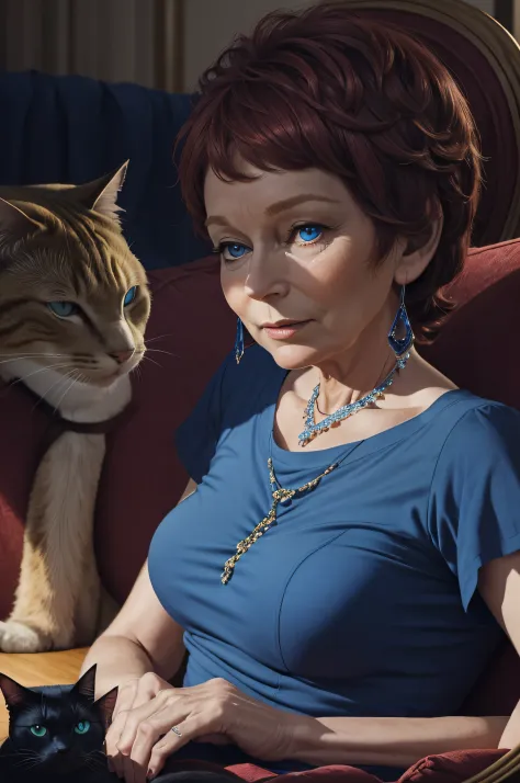 Prompt 2:
Yolande, now in her 60s, reclines gracefully on a chaise lounge, with a curious Siamese cat purring by her side. The sapphire blue of her t-shirt contrasts beautifully with the room's muted tones. A soft luminescent glow surrounds her, adding a t...