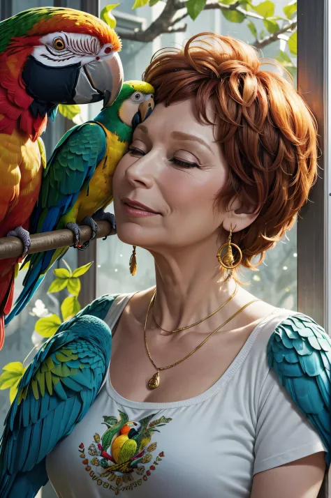 Prompt 4:
In a room filled with soft music, Yolande, a 60-year-old woman, moves with grace, a pair of parrots chirping melodiously from a nearby cage. Her t-shirt, colored in golden amber, appears to have a shimmering glow effect, making her look timeless....