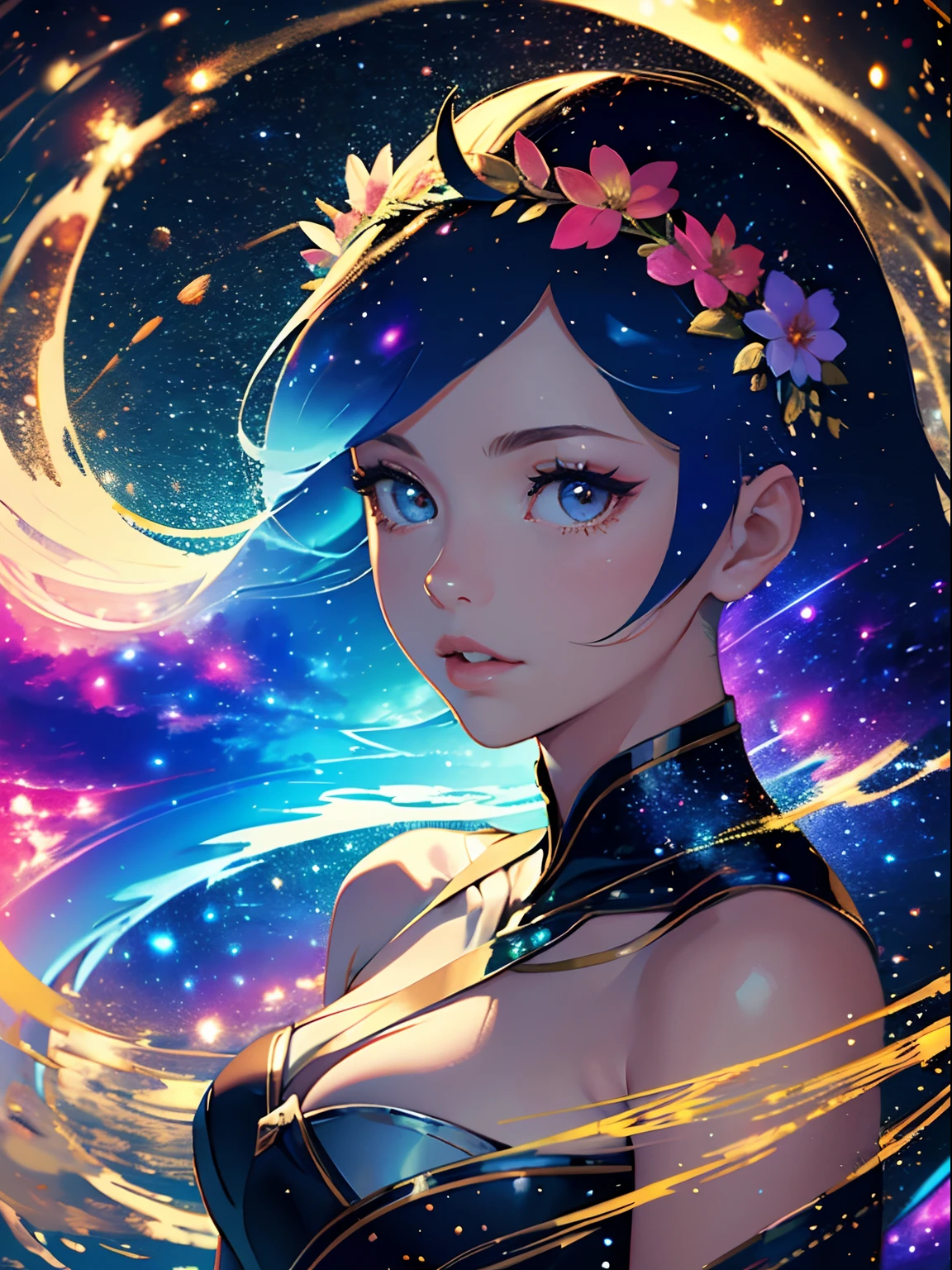 high quality, best quality, masterpiece, detailed portrait of female 1girl, long hair, (floating, space, galaxy, colorful), warm lighting, goddess, galaxy, scenery, multicolored flower crown in hair, {{{best quality}}}, {{ultra-detailed}}, {illustration}, cinematic angle, {detailed light},cinematic lighting, ancient greek dress, celestial,