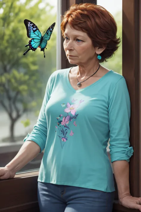 Prompt 5:
Yolande, at the age of 60, stands by a window, lost in thought, a butterfly fluttering around her. The turquoise hue of her t-shirt complements the outside world, and a phosphorescent glow effect adds depth to the scene. The butterfly, with its d...