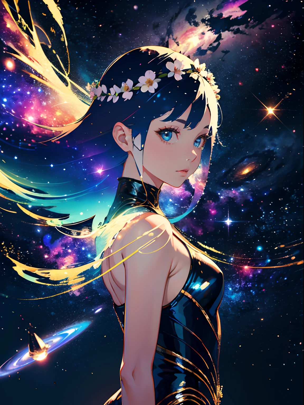high quality, best quality, masterpiece, detailed portrait of female 1girl, long hair, (floating, space, galaxy, colorful), warm lighting, goddess, galaxy, scenery, multicolored flower crown in hair, {{{best quality}}}, {{ultra-detailed}}, {illustration}, cinematic angle, {detailed light},cinematic lighting, celestial, dynamic pose