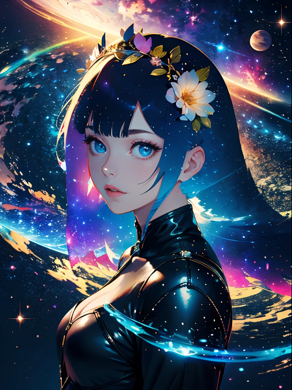 high quality, best quality, masterpiece, detailed portrait of female 1girl, long hair, (floating, space, galaxy, colorful), warm lighting, goddess, galaxy, scenery, multicolored flower crown in hair, {{{best quality}}}, {{ultra-detailed}}, {illustration}, cinematic angle, {detailed light},cinematic lighting, celestial, dynamic pose