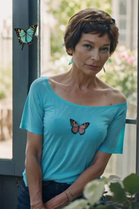 Yolande, at the age of 60, stands by a window, lost in thought, a butterfly fluttering around her. The turquoise hue of her t-shirt complements the outside world, and a phosphorescent glow effect adds depth to the scene, emitting a gentle teal luminescence...