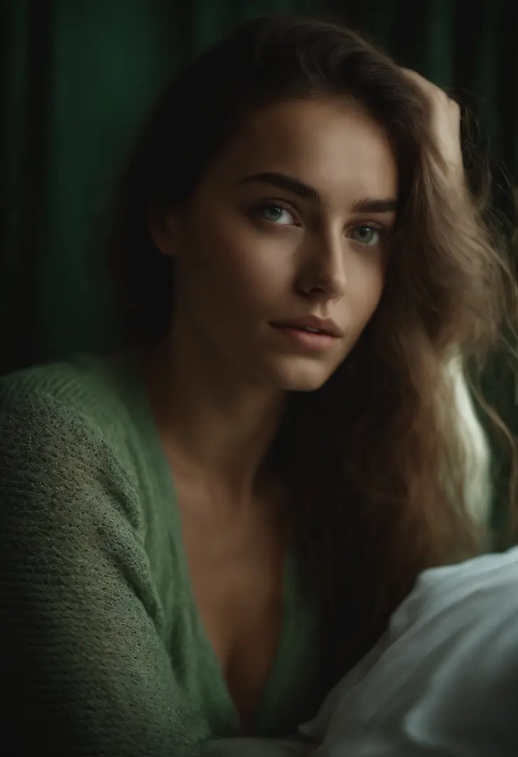 Jeune Femme Eurasienne aux yeux verts, A quatre patte sur un lit, aguicheuse