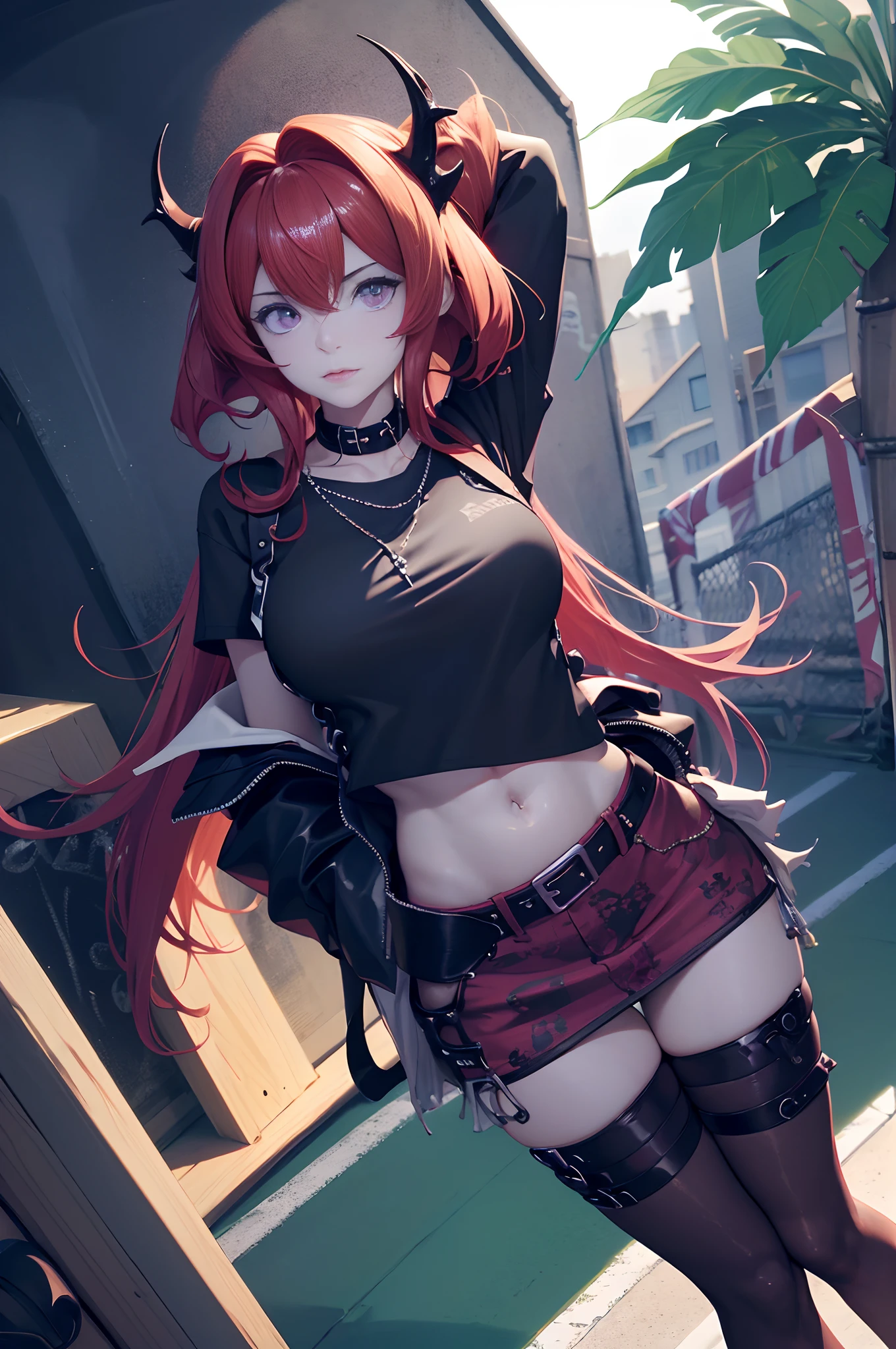 (((Perfect anatomy))), bishoujo, anime girl, anime, freedom+pencil_skirt, full body, detailed background, highres, official art, (masterpiece, best quality, absurdres), ((1girl, solo)), medium breasts, 1 girl, solo, long hair, red hair, crop top, black gloves, single glove, fingerless gloves, demon horns, black horns, short sleeves, sneakers, black footwear, bag charm, black bag, holding, holding bag, midriff, black wristband, red skirt, pencil skirt, black belt, black shirt, purple eyes, looking at viewer, ribs, stomach, toned, nice belly, navel, thigh strap, thighhighs, black thighhighs, black socks, hair between eyes, jewelry, necklace, parted lips, standing, hands on hip, outdoors, street, cityscape