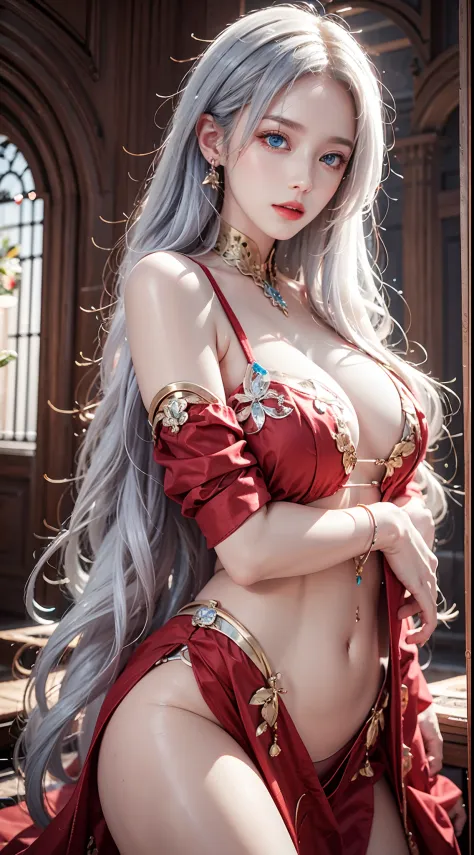 photorealistic, masterpiece, photorealistic, high resolution, soft light, hips up, blue eyes, white hair, long hair, red dress, full dress, red clothing
