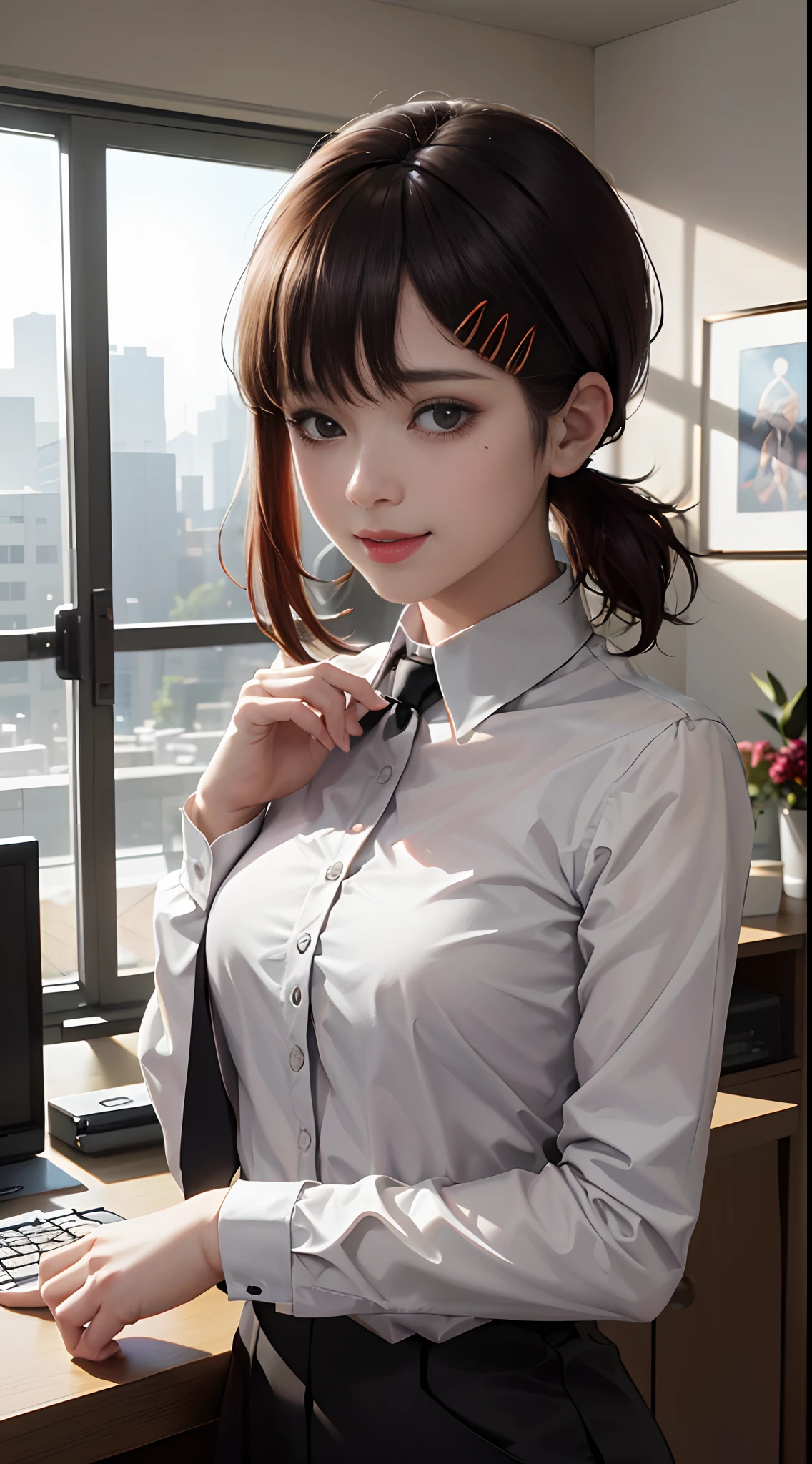 tmasterpiece，best qualtiy，ultra - detailed，illustratio，epic lighting，cinematic compositions，isometry，1girll，ssmile，Redlip，独奏，adolable，Black eyes，Black color hair，By bangs，red hair clips，blouse with a white collar，black necktie，Black pantsuit，Professional Dress，captivating posture，inside in room，office room，Open the door，looking at viewert，peeking out upper body，Be red in the face，seduct smile，Shut your mouth，(8K:1.1),