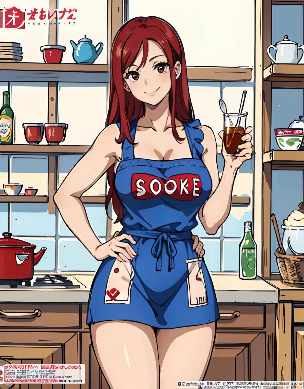(Best Quality, Masterpiece),sexy mommy, Front cover of a women's cooking magazine, , naked, erotic, 18+, nsfw, 1girl, 30 years old, stunning, cute, heartwarming smile, hourglass figure, super mini bikini, pinny apron, beautiful food, text, diagrams, advertisements, magazine title, long red hair, red eyes