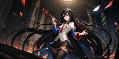 KirukiruAmou, (black hair, long hair, black eyes:1.4),  a woman with long black hair standing in a dark room, an anime drawing, ...