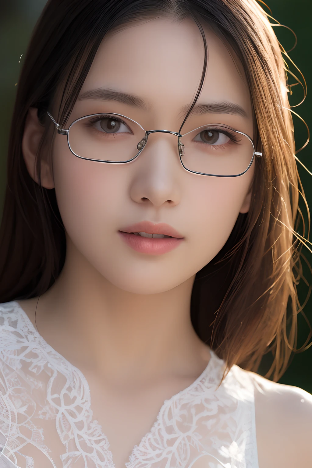 best qualtiy、tmasterpiece、超A high resolution、Realistic、1 rapariga、glowy skin、((hyperrealistic detailed))、Global Illumination、8K、Colossal 、highly intricate detail、Realistic light、radiant eyes、Transparent lace，Lace see-through，Silver glasses