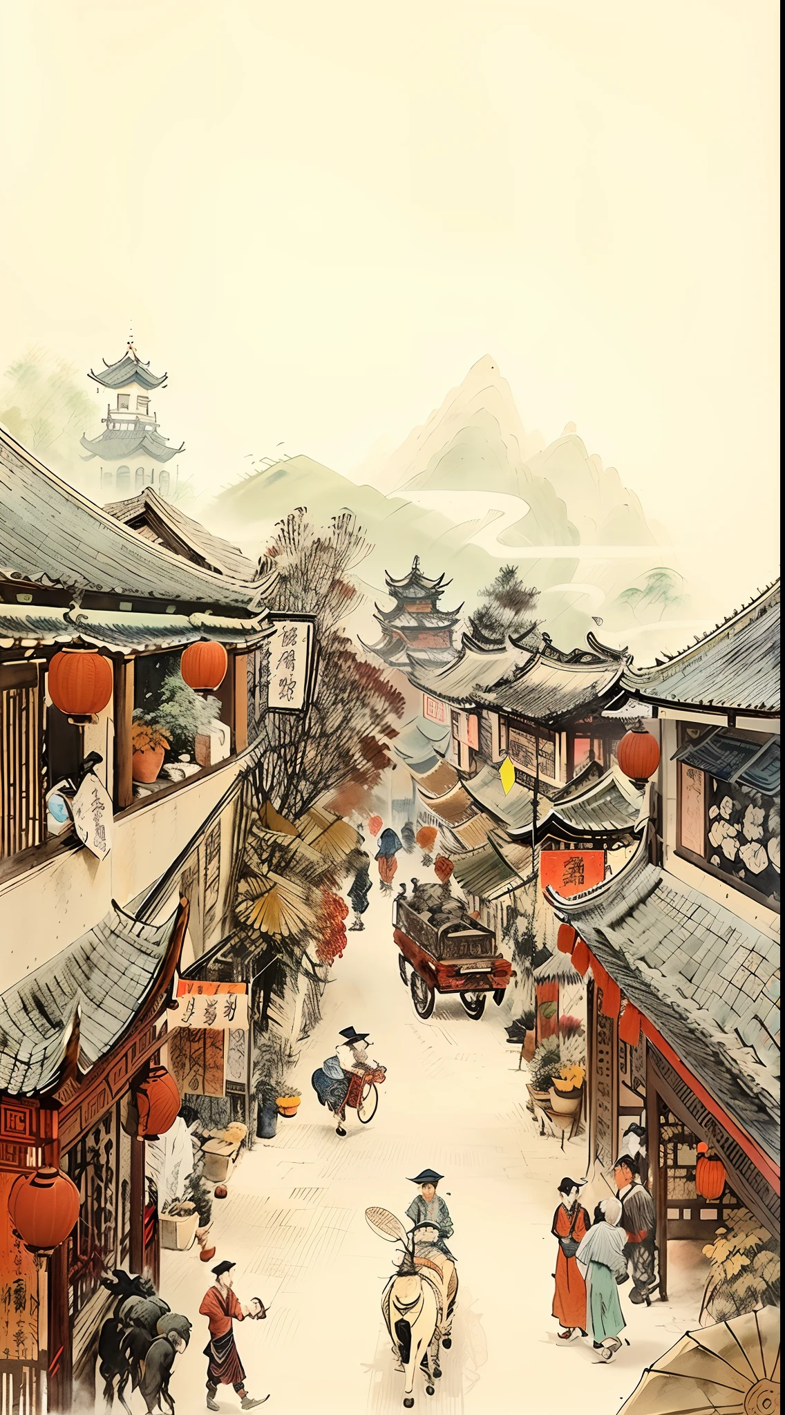 唐長安城繁華街道圖片，人們步行、騎馬, 中国村, 夢幻的中國小鎮, 作者：Qu Leilei, 中國水彩風格, 中國古代藝術風格, 作者：Yi Renwen, 中國風繪畫,
