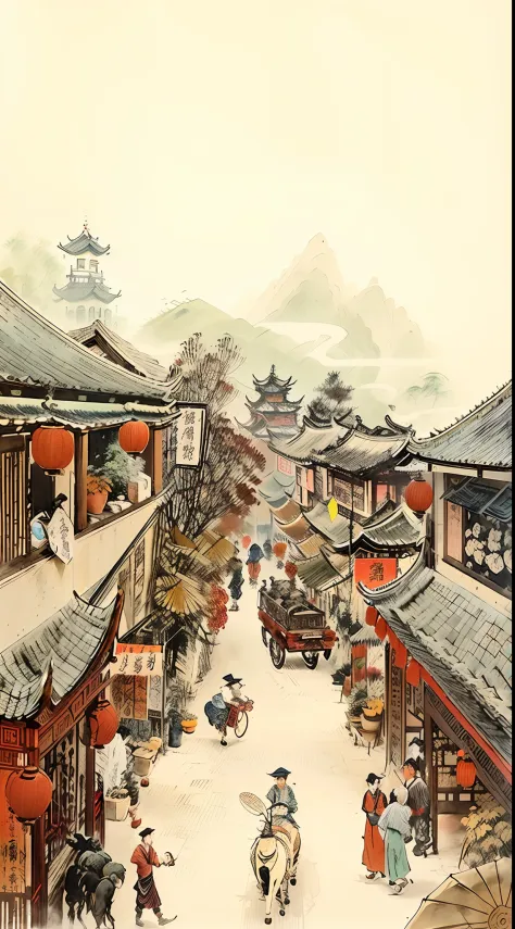 There is a picture of the streets of the bustling Chang'an City of the Tang Dynasty，People walk and ride horses, Chinese village...