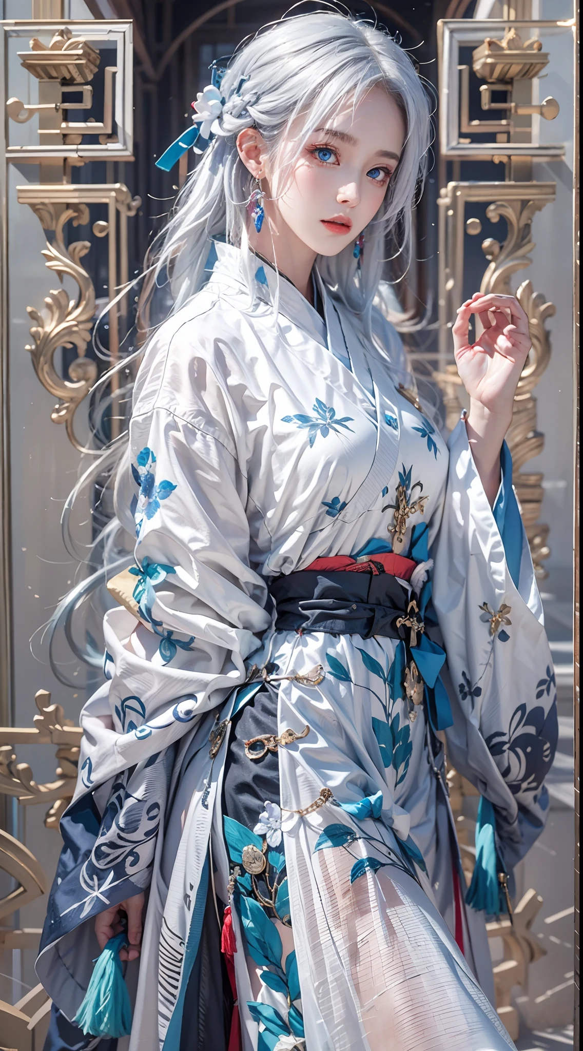 photorealistic, masterpiece, photorealistic, high resolution, soft light, hips up, blue eyes, white hair, long hair, jewelry, tattoo, hanfu