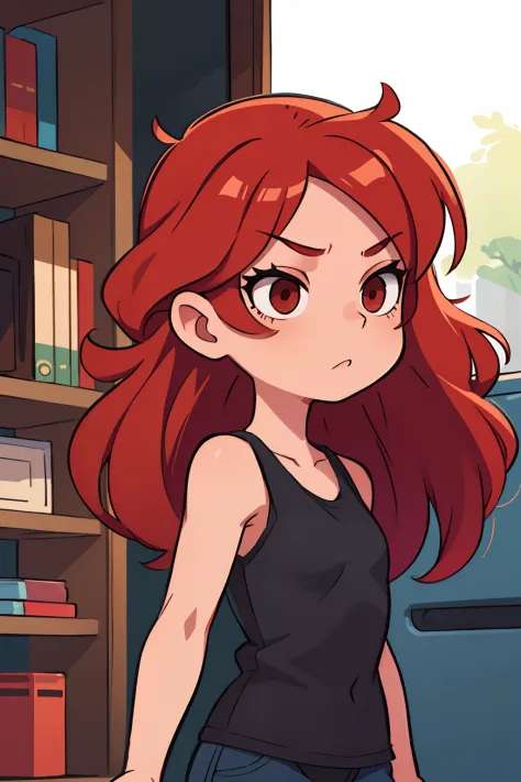 Girl with long red hair, Brown eyes, black tank top