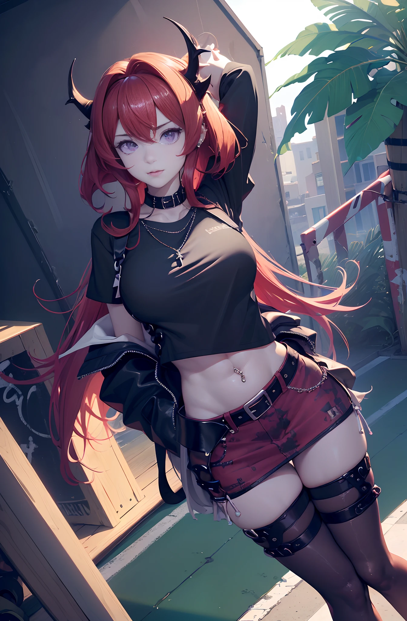 (((Perfect anatomy))), bishoujo, anime girl, anime, freedom+pencil_skirt, full body, detailed background, highres, official art, (masterpiece, best quality, absurdres), ((1girl, solo)), medium breasts, 1 girl, solo, long hair, red hair, crop top, black gloves, single glove, fingerless gloves, demon horns, black horns, short sleeves, sneakers, black footwear, bag charm, black bag, holding, holding bag, midriff, black wristband, red skirt, pencil skirt, black belt, black shirt, purple eyes, looking at viewer, ribs, stomach, toned, nice belly, navel, thigh strap, thighhighs, black thighhighs, black socks, hair between eyes, jewelry, necklace, parted lips, standing, hands on hip, outdoors, street, cityscape, ((((navel piercing))))