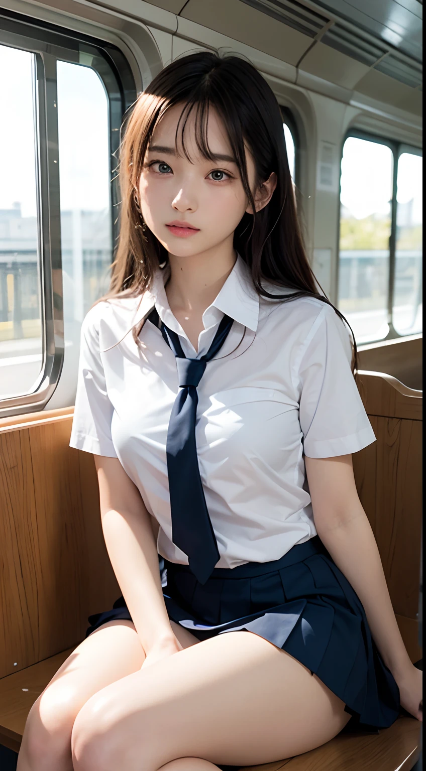 (masutepiece, Best Quality:1.2), 8K, 15yo student, 85 mm, Official art, Raw photo, absurderes, White dress shirts, Pretty Face, close up, Upper body, violaceaess, gardeniass, Beautiful Girl, , (Navy pleated skirt:1.1), Cinch West, thighs thighs thighs thighs, Short sleeve, on train, Sitting on a bench seat, Looking at Viewer, No makeup, (Smile:0.4), Film grain, chromatic abberation, Sharp Focus, face lights, clear lighting, Teen, Detailed face, Bokeh background, (dark red necktie:1.1)