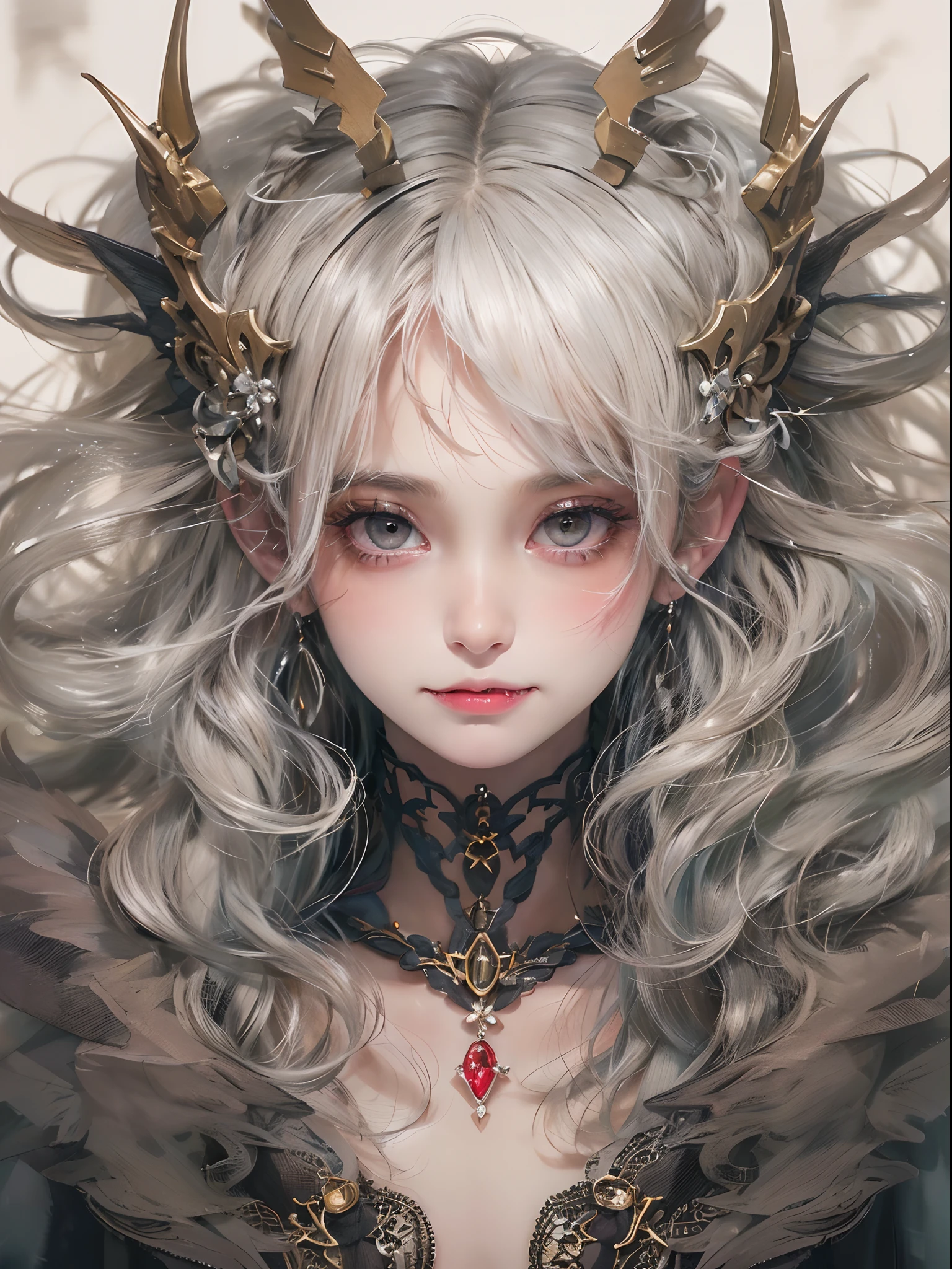 (watercolor:1.2),(incredible detail, textures and maximum detail),(dark color concept:2.0), dolly girl, a girl like doll with angel wings, archangel, angel ring, elf ear with many earings, facing the front, nearly naked, thin body, skinny, small breasts, tiny , princess crown, dragon horn, looking up at camera, (no hands),(Highest quality authentic textured skin),(Faint sunshine),(catch light:1.5),(abyssal),(Fine, Round, Symmetrical eyes),Delicate facial features,(Burning bright and cold eyes), very slim and thin body, naked, nude, (She has a sadly smile on her face),(Her face is gentle and beautiful),Glass earrings on the ears,,(Blonde hair),(silvery white hair),(Dramatic photo:1.4),(dramatic pose),(flamboyant photo), upturned eyes, upward glance, A messy painting，(Hair flows in air:2.0),(Vortices and tidal currents in the background),(Dramaticlight),(Magnificent scene),(Surrounded by beautiful feathers),Epic realism,Cinematic feeling,(high-density imaging review:1.5),Ultra detailed,Dramaticlight,(intricately details:1.1), complex background, sparkle background, fractal background,(mighty fangs:1.5),naked,nude,