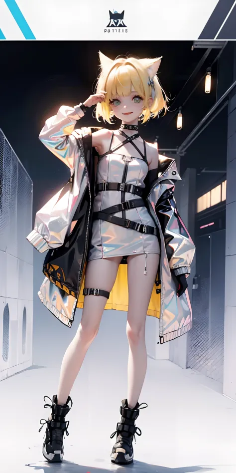 1 girl, pastelcolor, yellow hair strokes, Cyan eyes, short detailed hair, Small cat ears, Cyberpunk clothes, There are a lot of ...