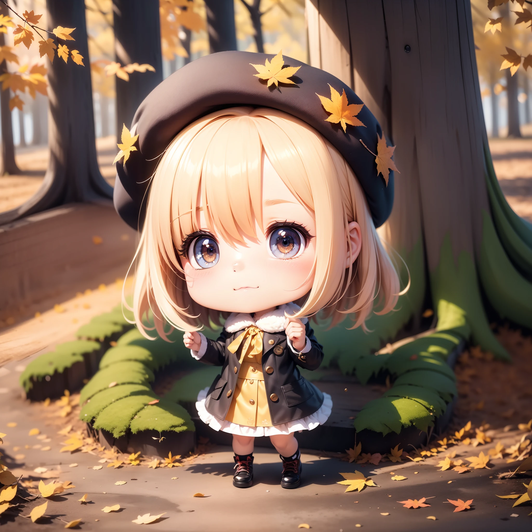 3D rendering, Q printmaking style,chibi,SOLO,A cute girl sticker, A cute girl wearing a beret,Maple forest in autumn，Scattered maple leaves，Soft sunshine，Soft light