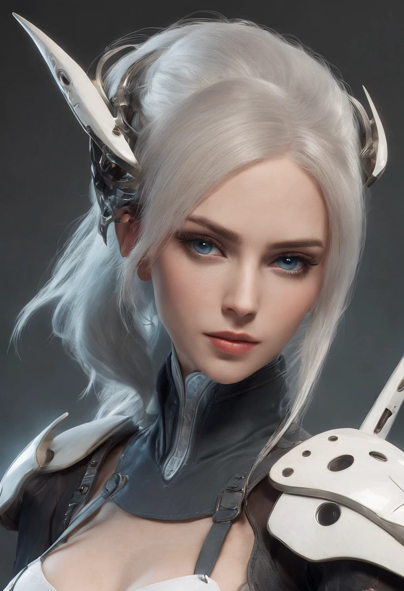 Cirilla FionaElen Riannon，A mais alta qualidade de imagem，detalhes pendentes，resolução ultra-alta，（fidelidade：1.4）, Dê preferência aos detalhes，decote em close，arco e flecha，Mech de cavaleiro dragão de alta tecnologia，Ele tem um rosto delicado e lindo，（（Fuselagem semimecânica voadora azul e branca：1.8）），arma de alta tecnologia，Criado sexy，fachada，personagem cyber punk，futurista，mecanicamente estético，motor virtual 5，Renderização de detalhes perfeita，renderização por octanagem，hiper HD