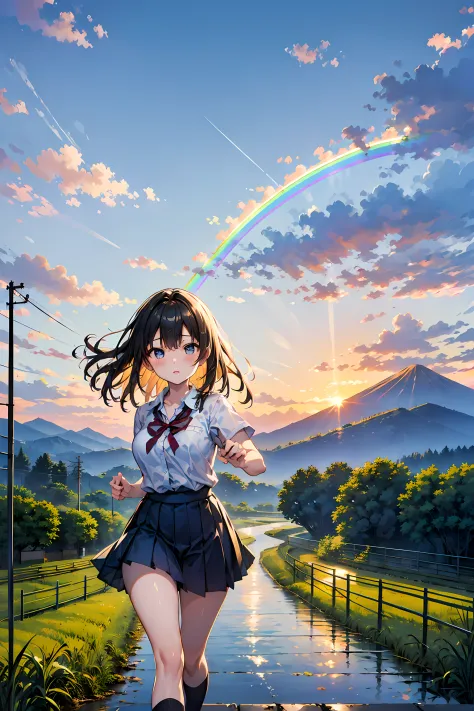 rainbows、Beautiful rainbow、(rainbow sky:1.5), High school girl running towards rainbow hanging towards the mountain、A big, beaut...