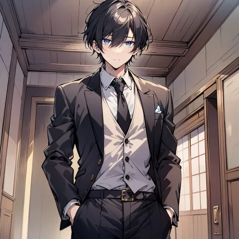 30 years old anime mature man，Short black hair 1.5，wearing black suits，Standing in the room, his expression was indifferent（Apat...