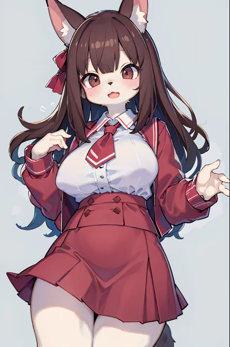 ((​masterpiece、top-quality))、furred、animal ear、tailed、body fur、独奏:1.3、simple background:1.3、hi-school girl、校服、skirt by the、White blouses、Brown hair、huge tit、Open mouth、