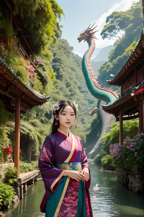 ((1girl,chinese, with her flowing hair adorned with beautiful hair ornaments, standing among the flying petals, a majestic drago...