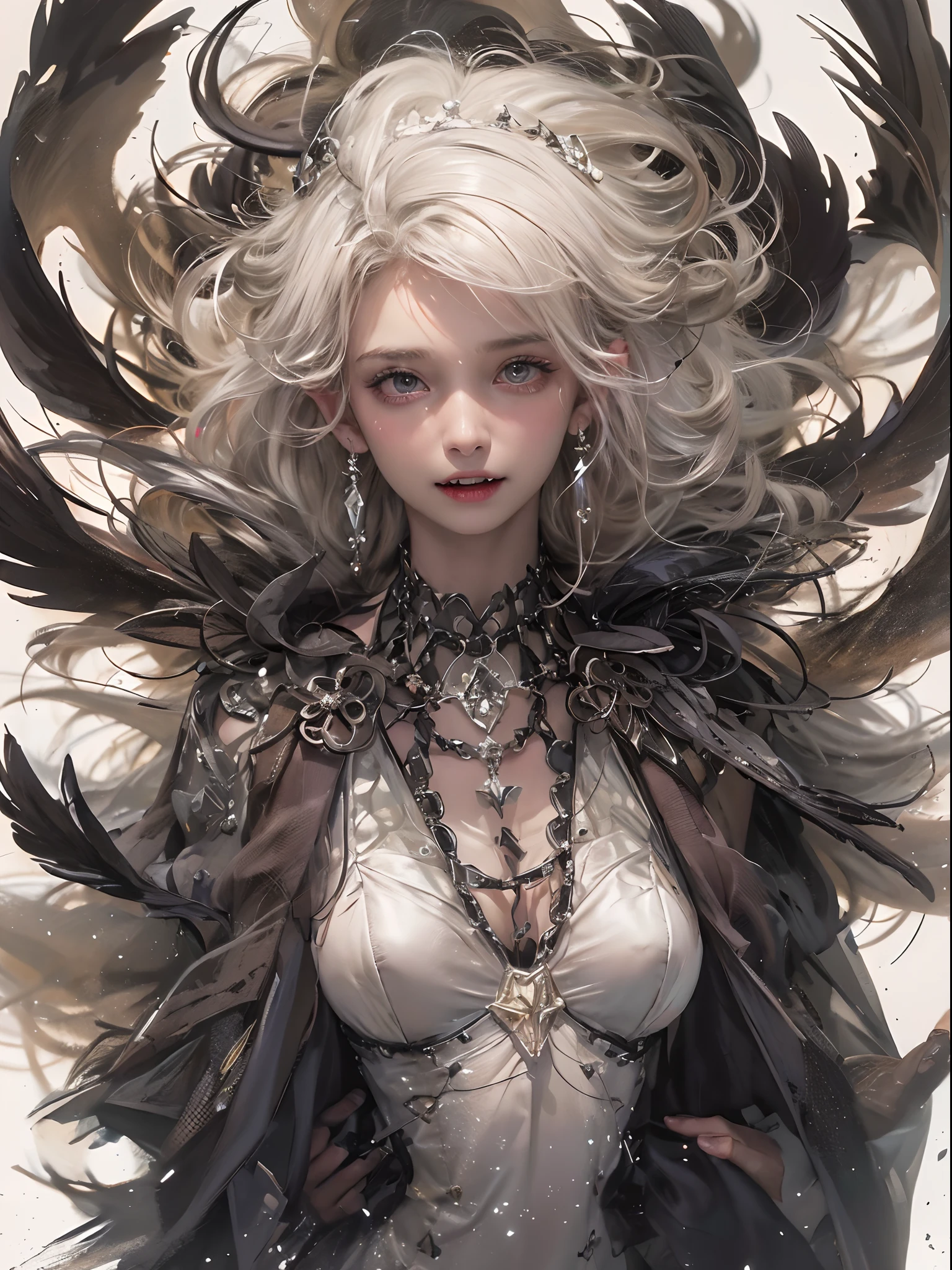 (watercolor:1.2),(incredible detail, textures and maximum detail),(dark color concept:2.0), dolly girl, a girl like doll with angel wings, archangel, angel ring, elf ear with many earings, facing the front, nearly naked, thin body, skinny, small breasts, tiny , princess crown, dragon horn, looking up at camera, (no hands),(Highest quality authentic textured skin),(Faint sunshine),(catch light:1.5),(abyssal),(Fine, Round, Symmetrical eyes),Delicate facial features,(Burning bright and cold eyes), very slim and thin body, naked, nude, (She has a sadly smile on her face),(Her face is gentle and beautiful),Glass earrings on the ears,,(Blonde hair),(silvery white hair),(Dramatic photo:1.4),(dramatic pose),(flamboyant photo), upturned eyes, upward glance, A messy painting，(Hair flows in air:2.0),(Vortices and tidal currents in the background),(Dramaticlight),(Magnificent scene),(Surrounded by beautiful feathers),Epic realism,Cinematic feeling,(high-density imaging review:1.5),Ultra detailed,Dramaticlight,(intricately details:1.1), complex background, sparkle background, fractal background,(mighty fangs:1.5),naked,nude,