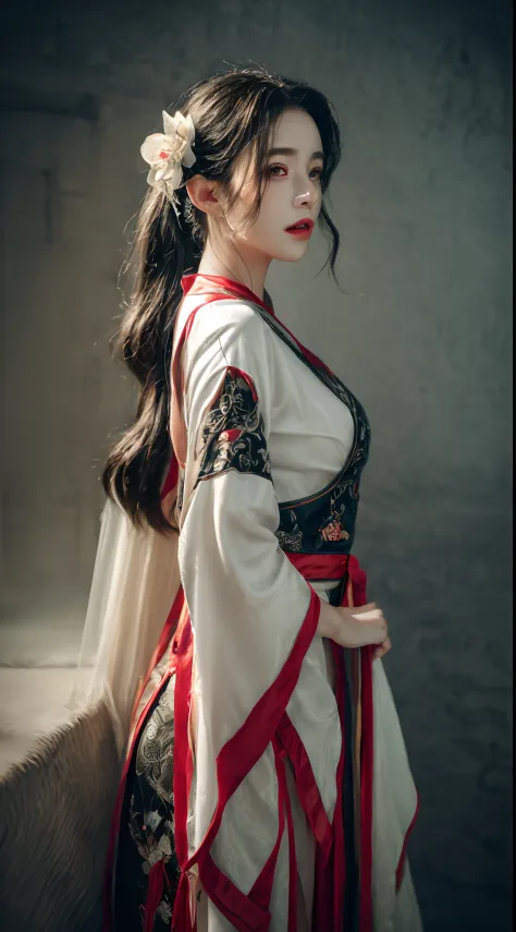 (Best quality,4K,A high resolution,Masterpiece:1.2),Ultra-detailed,Realistic, Black and white Hanfu,Black embroidery, Flowing wh...