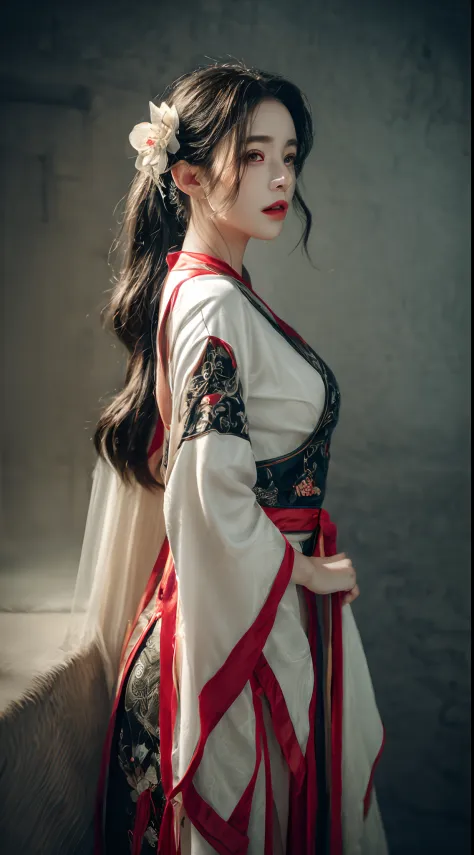 (best quality,4k,a high resolution,masterpiece:1.2),ultra-detailed,realistic, black and white hanfu,black embroidery, flowing wh...