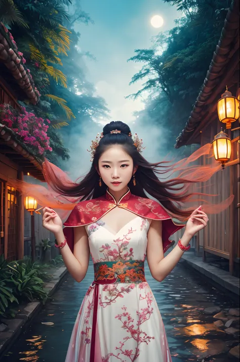 ((1girl,chinese, with her flowing hair adorned with beautiful hair ornaments, standing among the flying petals, a majestic drago...